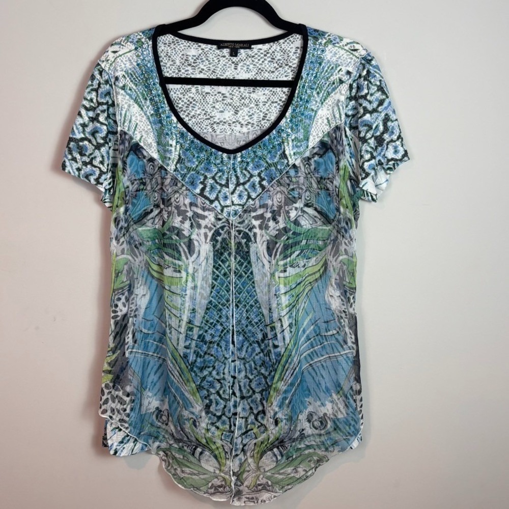 Alberto Makali Womens Blue Layered Tiger Pattern Blouse size Large Art to wear